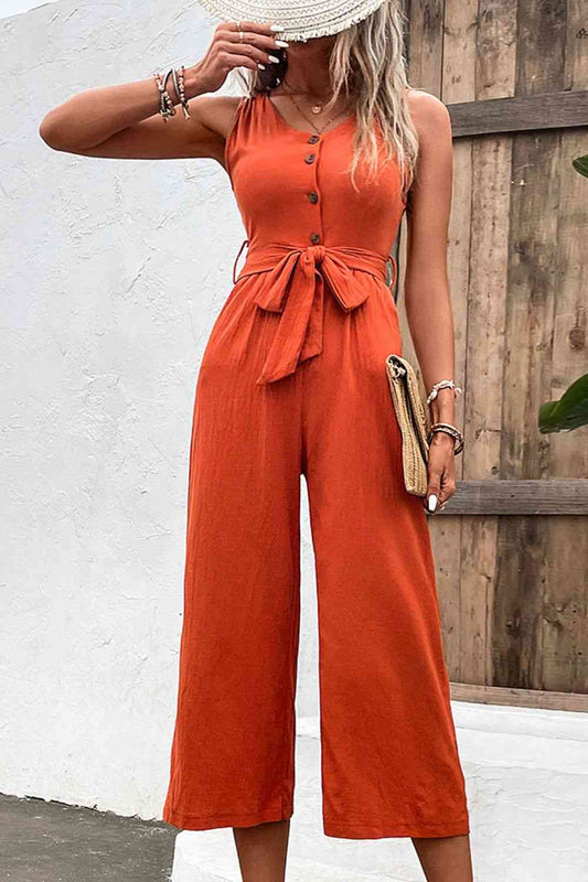 Tie Belt Sleeveless Jumpsuit with Pockets